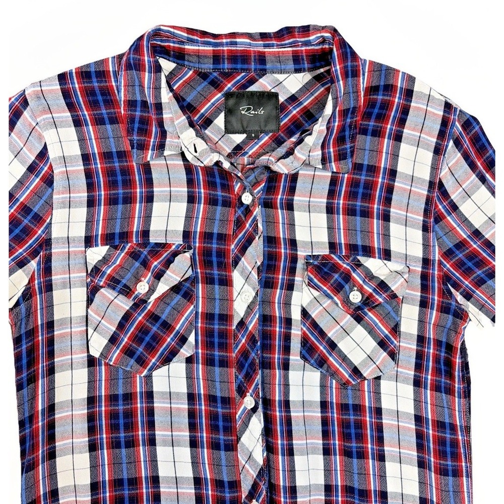 Rails Carmen Plaid Button Down Shirt Womens Small White Navy Red Rayon RW50011